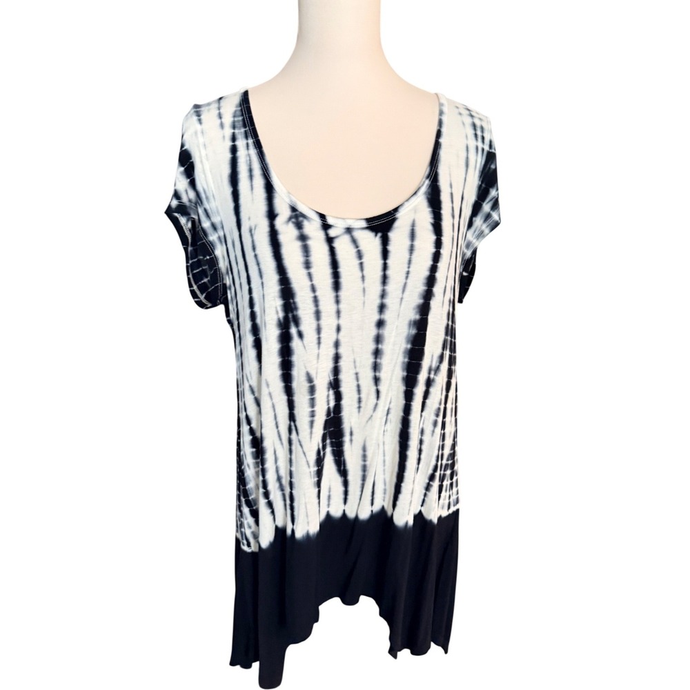 Max Jeans Womens Black White Tie Dye Scoop Neck Short Sleeve Tunic Top Large